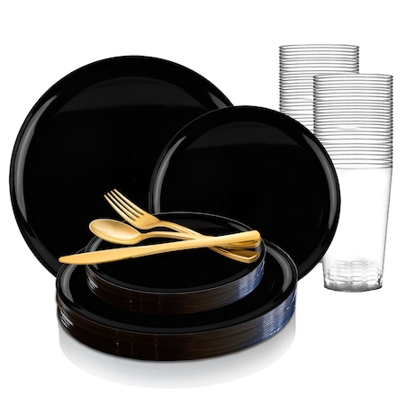 Smarty Had A Party Black Flat Round Disposable Plastic Wedding Value Set, 360PK 830-B-VS60